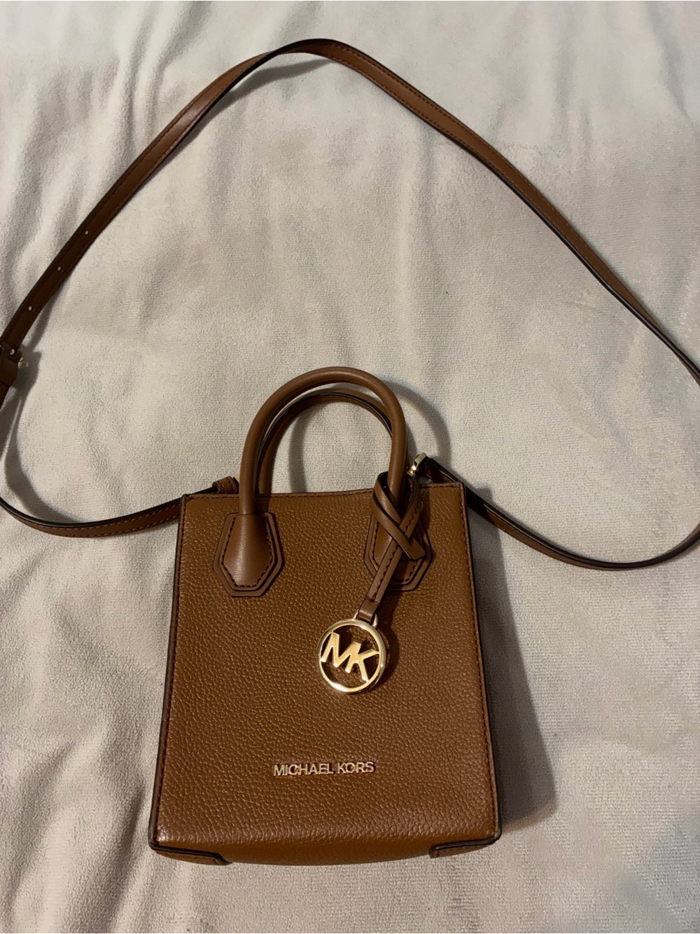 Michael Kors Brown Leather Mini Tote Crossbody with Gold MK Charm